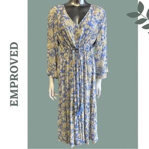 Emproved Sustainable Paisley 3/4 Sleeve MIDI Dress Blue Cream V Neck Size Large